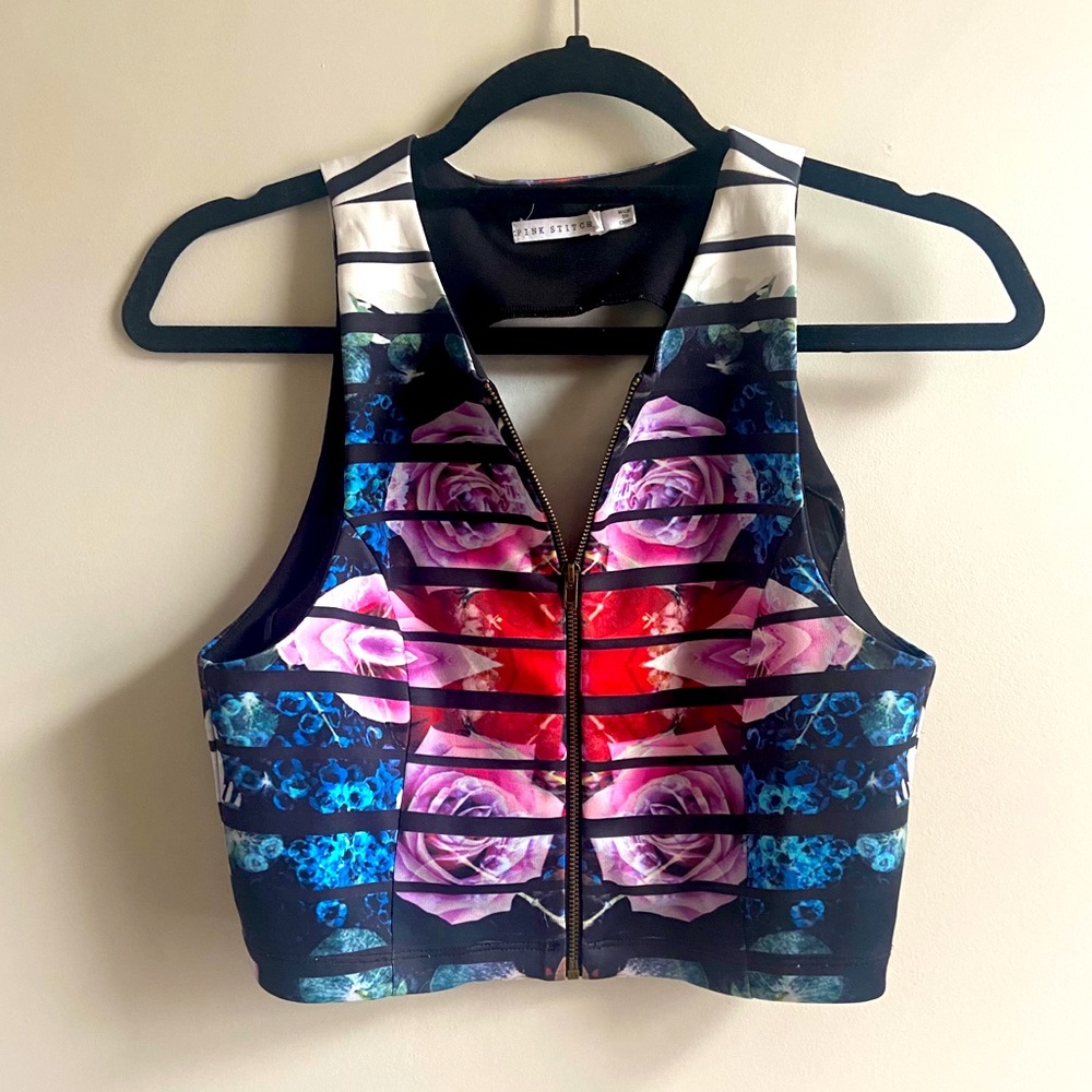 Revolve pink stitch floral zip crop top